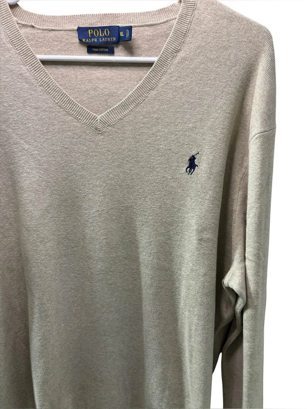 Polo by Ralph Lauren Men's V-Neck Sweater in Light Beige‎ Blue Logo Size XL